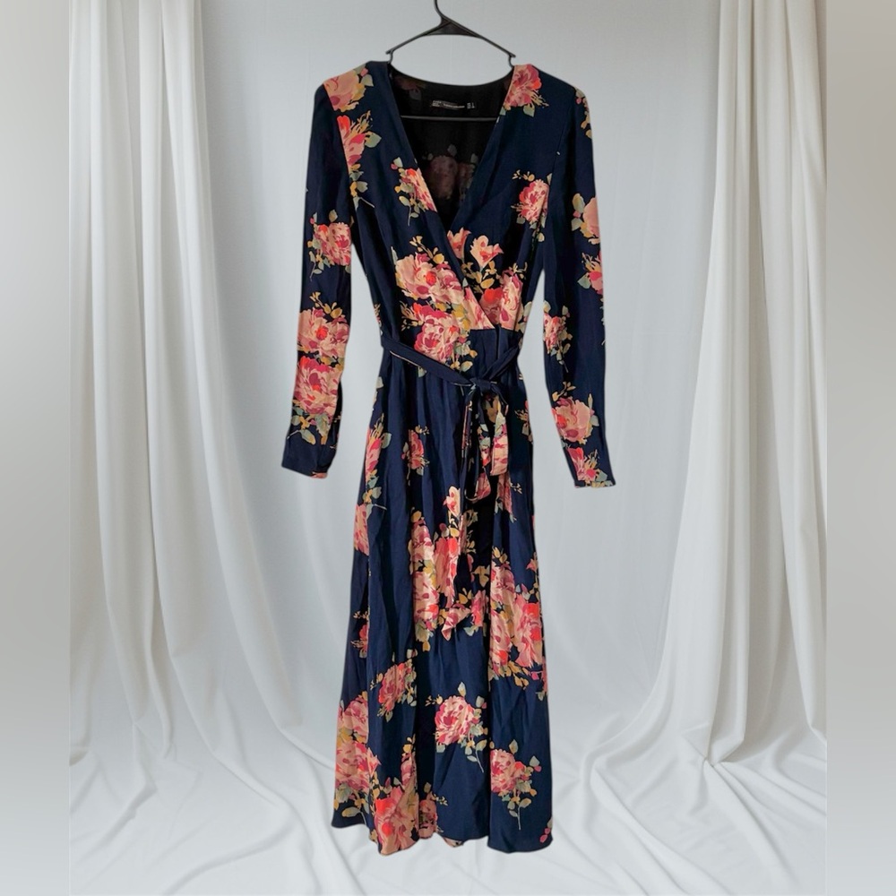 Zara Floral Navy Blue and Pink Long Sleeve Wrap Sundress